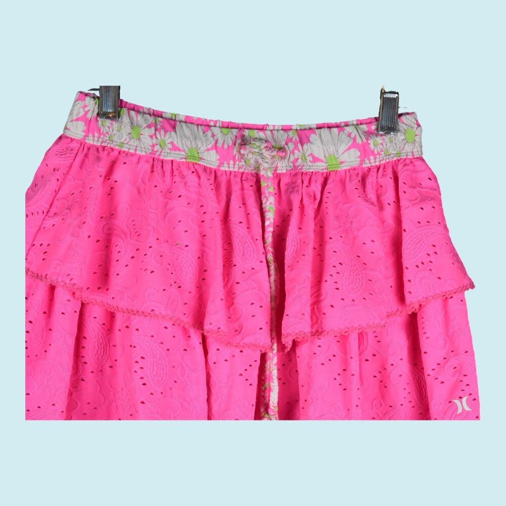LoveShackFancy x Hurley Skirt Size XS Pink Mini Tiered Ruffle Eyelet Paisley - Picture 4 of 14